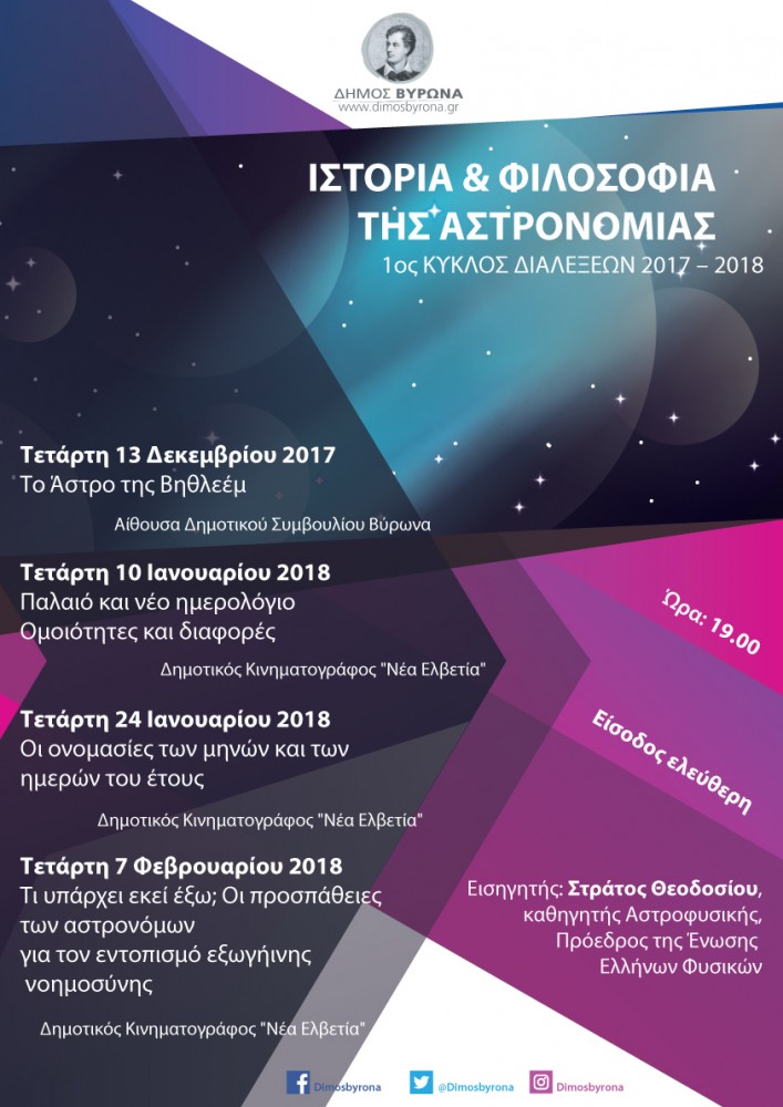 Κύκλος Διαλέξεων 2017-2018 με θέμα την Ιστορία & Φιλοσοφία της Αστρονομίας διοργανώνει ο Δήμος Βύρωνα